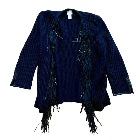 Chicos Black Knit Fringe Leather Cardigan Jacket Womens Small - Picture 14 of 16